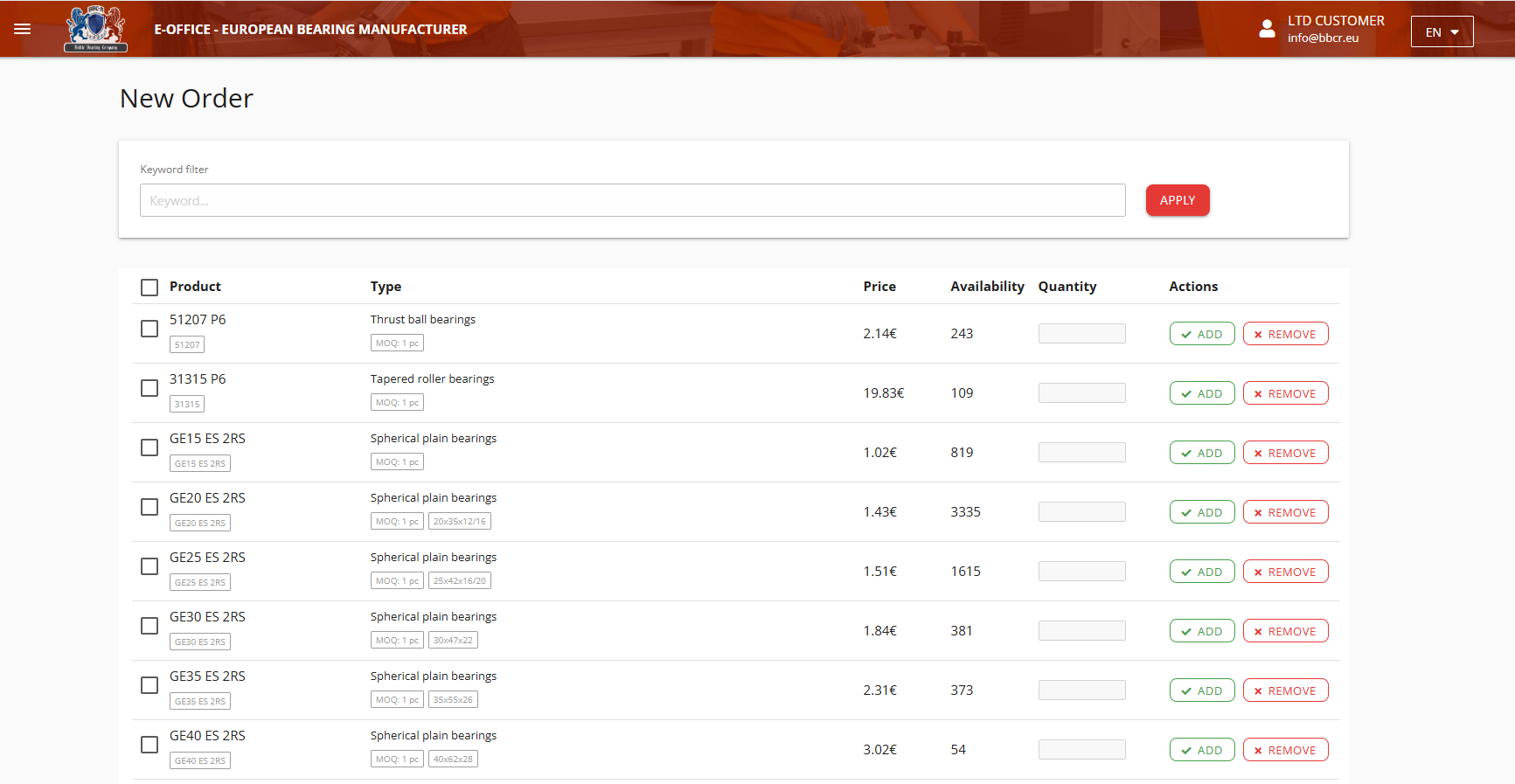 Order creation interface